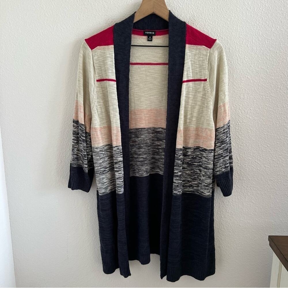 Torrid Striped Open Cardigan Blue Pink Tan 11172051 2X